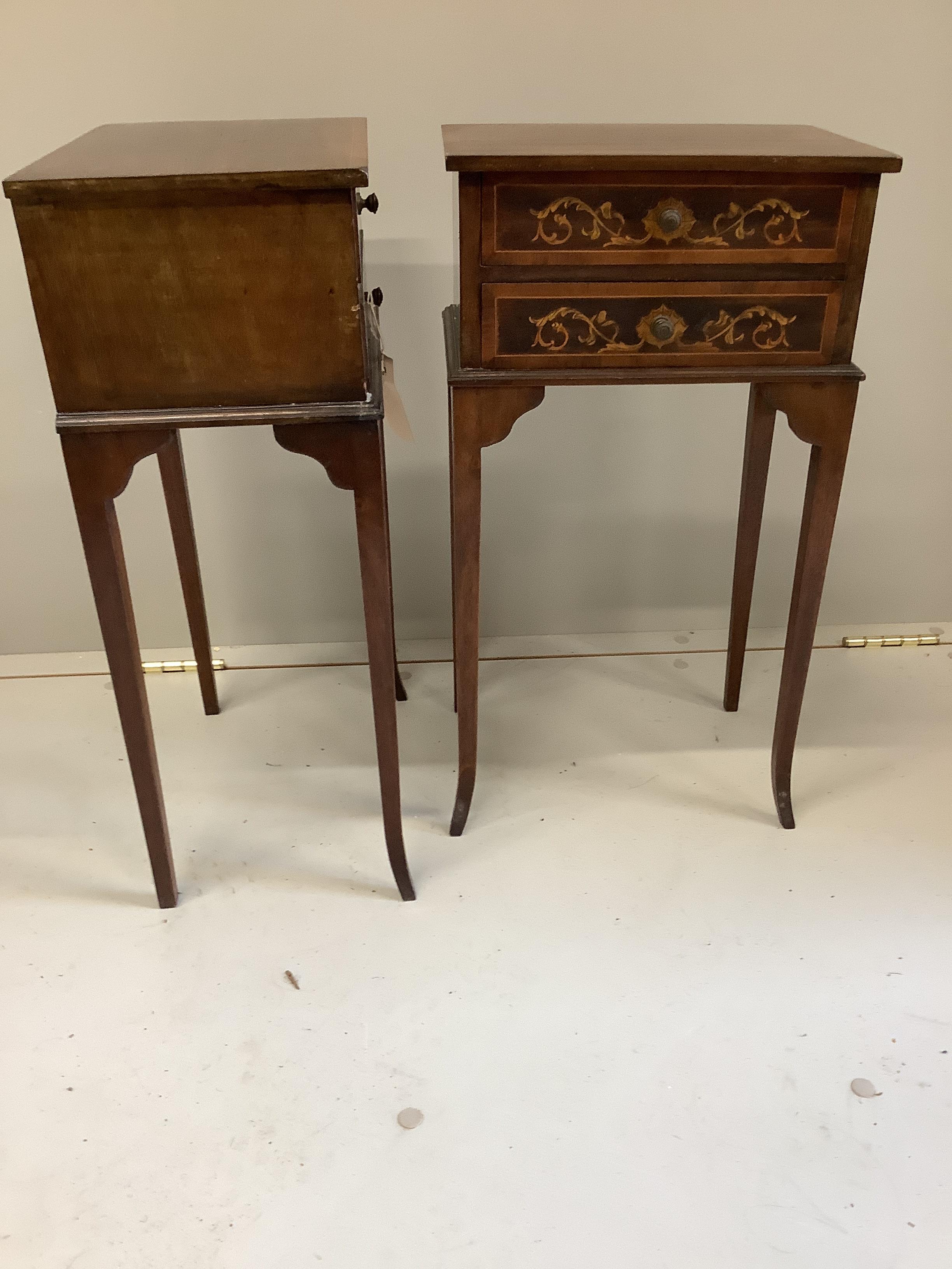 A pair of small marquetry inlaid mahogany two drawer bedside tables, width 30cm, depth 20cm, height 56cm